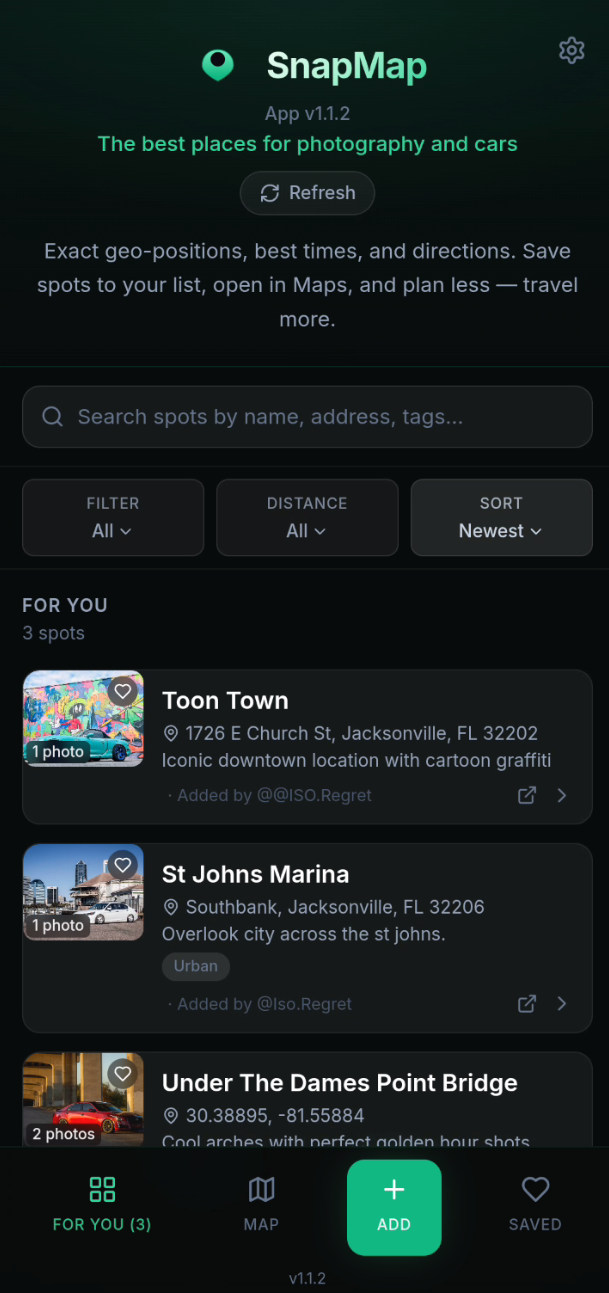 Feed — spots list with search and filters