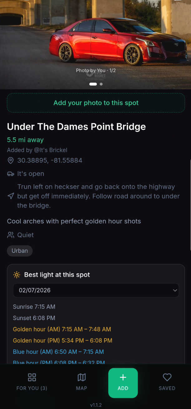 Spot detail — photos, best light, directions